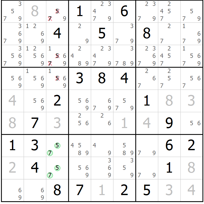Position des candidats pour la solution de la Gr 5 page 8 du magazine de sudoku Virtuose n° 106