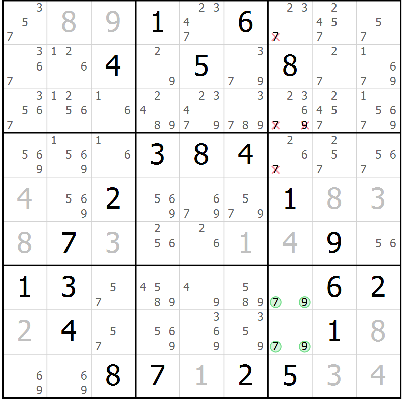 Position des candidats pour la solution de la Gr 5 page 8 du magazine de sudoku Virtuose n° 106