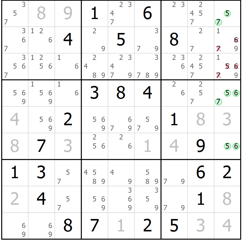Position des candidats pour la solution de la Gr 5 page 8 du magazine de sudoku Virtuose n° 106