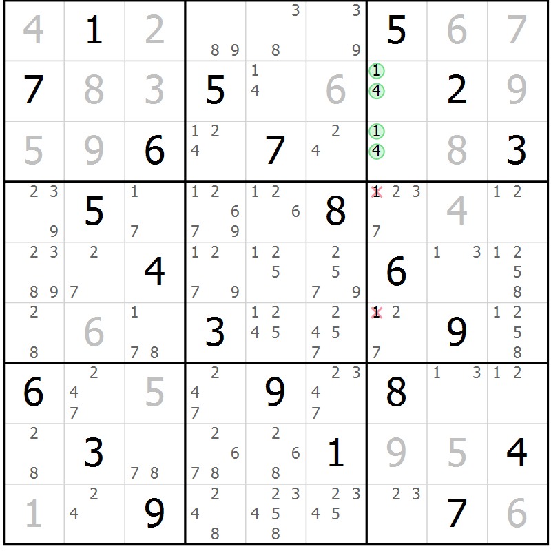 Position des candidats pour la solution de la Gr 50 page 53 du magazine de sudoku Virtuose n° 106