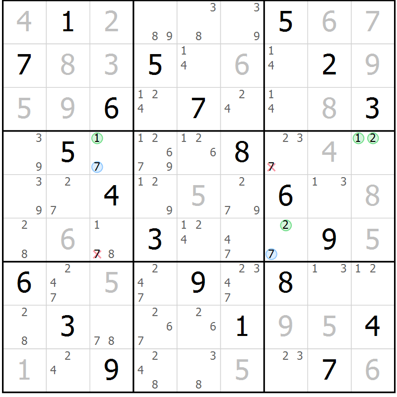 Position des candidats pour la solution de la Gr 50 page 53 du magazine de sudoku Virtuose n° 106
