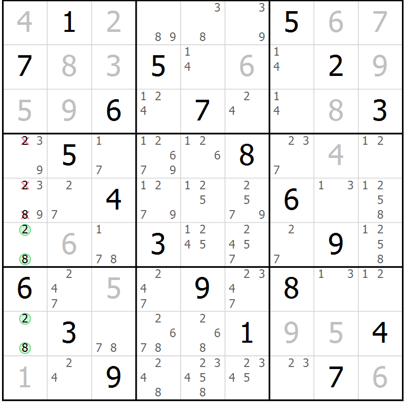 Position des candidats pour la solution de la Gr 50 page 53 du magazine de sudoku Virtuose n° 106