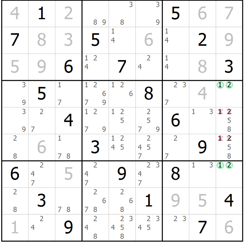 Position des candidats pour la solution de la Gr 50 page 53 du magazine de sudoku Virtuose n° 106