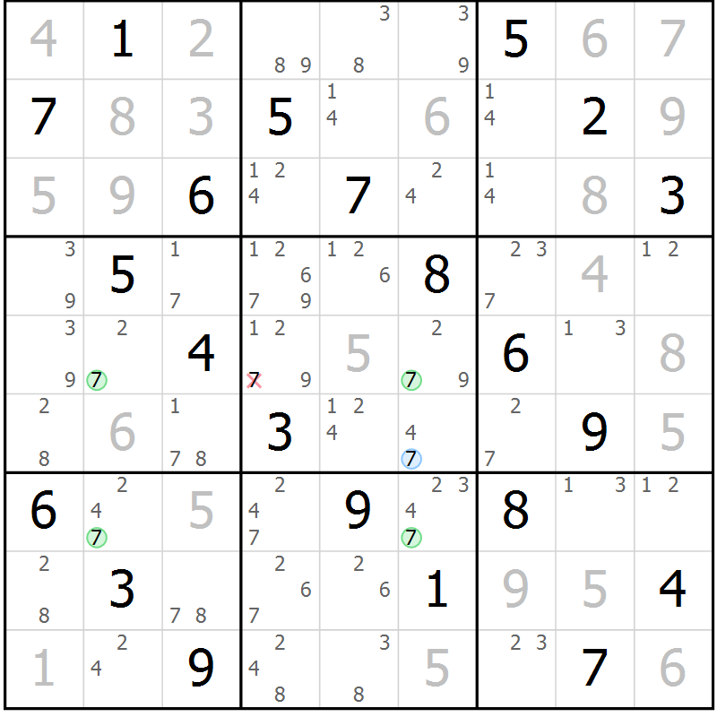 Position des candidats pour la solution de la Gr 50 page 53 du magazine de sudoku Virtuose n° 106