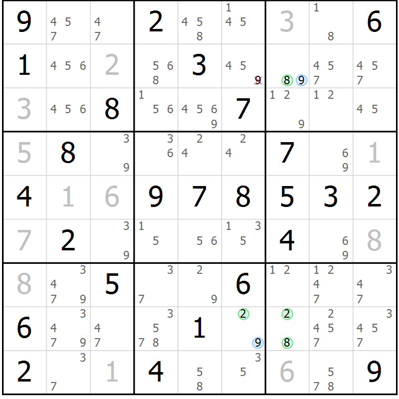 Position des candidats pour la solution de la Gr 51 page 54 du magazine de sudoku Virtuose n° 106
