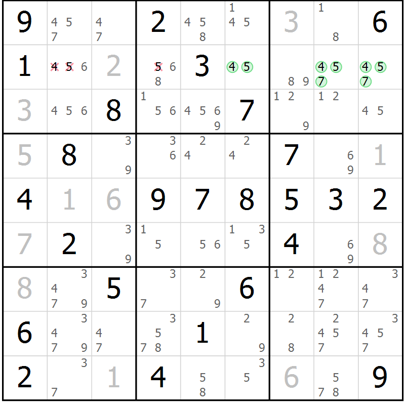 Position des candidats pour la solution de la Gr 51 page 54 du magazine de sudoku Virtuose n° 106