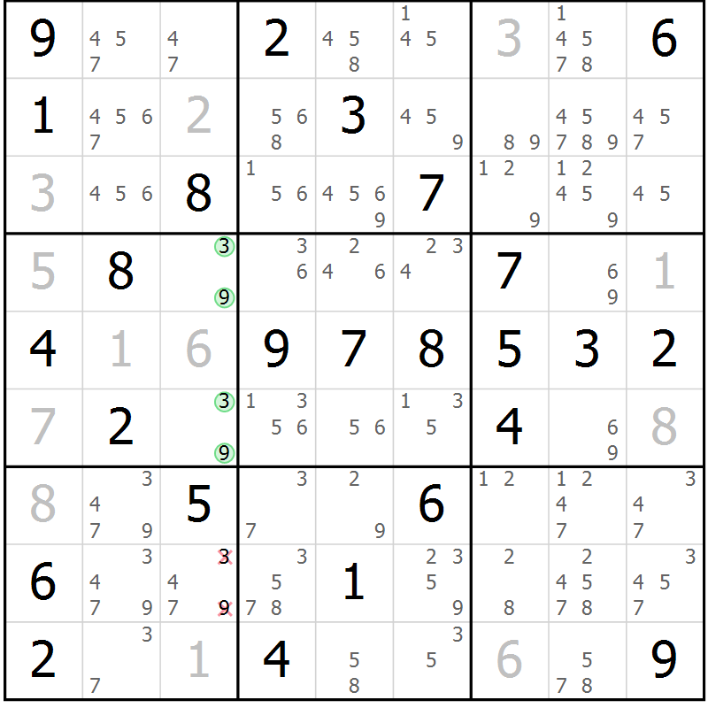 Position des candidats pour la solution de la Gr 51 page 54 du magazine de sudoku Virtuose n° 106