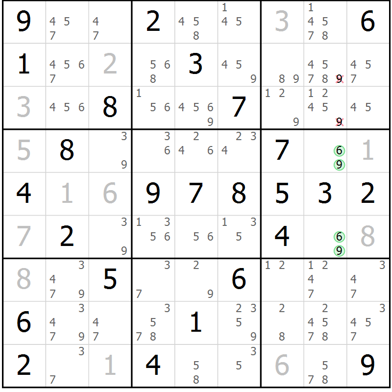 Position des candidats pour la solution de la Gr 51 page 54 du magazine de sudoku Virtuose n° 106