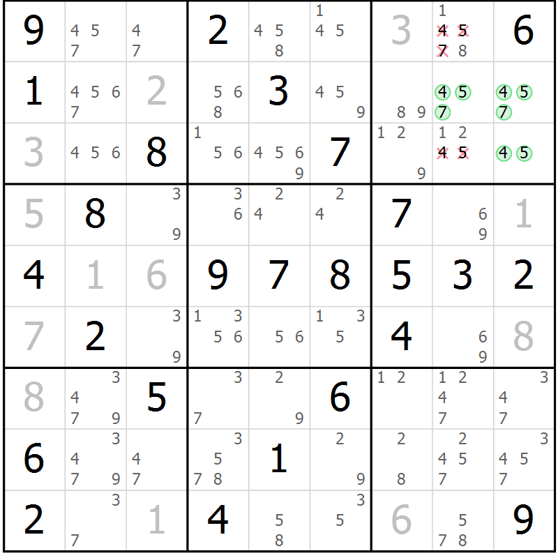 Position des candidats pour la solution de la Gr 51 page 54 du magazine de sudoku Virtuose n° 106