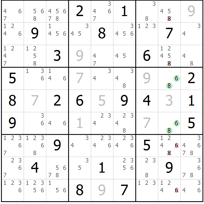 Position des candidats pour la solution de la Gr 52 page 55 du magazine de sudoku Virtuose n° 106