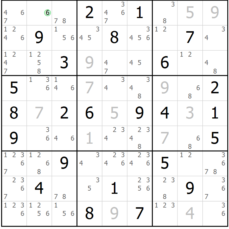 Position des candidats pour la solution de la Gr 52 page 55 du magazine de sudoku Virtuose n° 106
