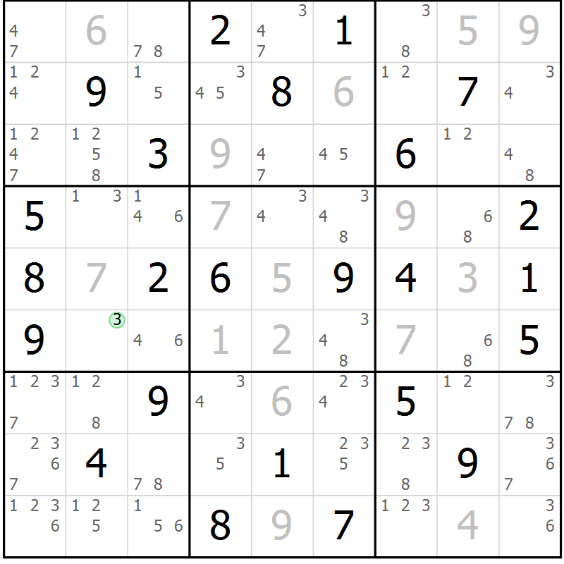 Position des candidats pour la solution de la Gr 52 page 55 du magazine de sudoku Virtuose n° 106