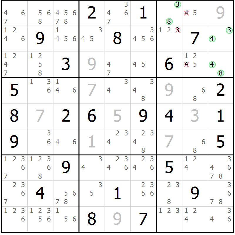 Position des candidats pour la solution de la Gr 52 page 55 du magazine de sudoku Virtuose n° 106