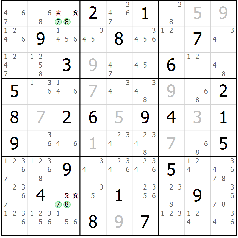 Position des candidats pour la solution de la Gr 52 page 55 du magazine de sudoku Virtuose n° 106