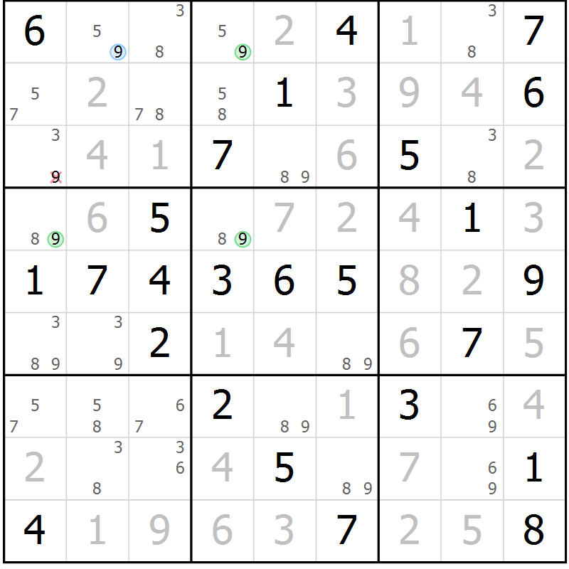 Position des candidats pour la solution de la Gr 53 page 56 du magazine de sudoku Virtuose n° 106