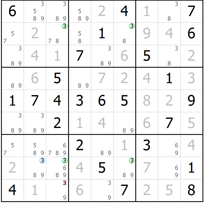 Position des candidats pour la solution de la Gr 53 page 56 du magazine de sudoku Virtuose n° 106