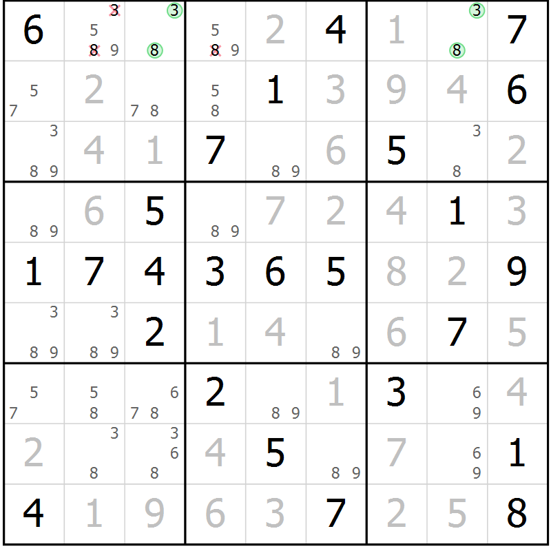 Position des candidats pour la solution de la Gr 53 page 56 du magazine de sudoku Virtuose n° 106