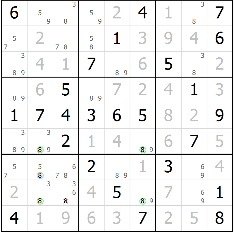 Position des candidats pour la solution de la Gr 53 page 56 du magazine de sudoku Virtuose n° 106