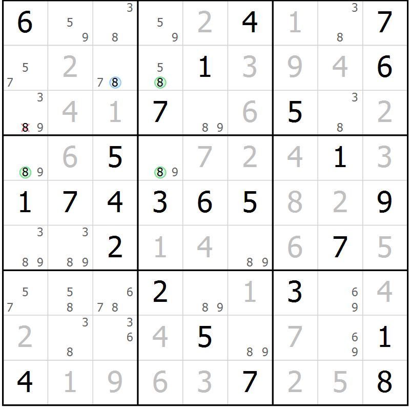 Position des candidats pour la solution de la Gr 53 page 56 du magazine de sudoku Virtuose n° 106