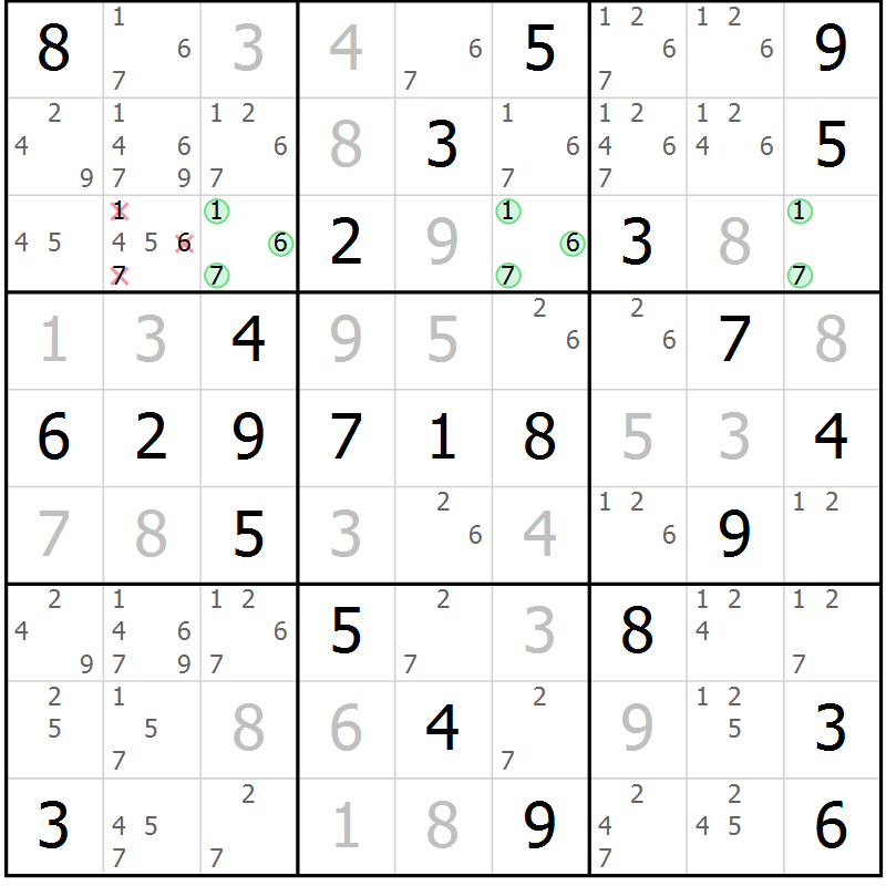 Position des candidats pour la solution de la Gr 54 page 57 du magazine de sudoku Virtuose n° 106