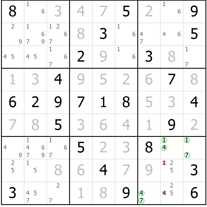 Position des candidats pour la solution de la Gr 54 page 57 du magazine de sudoku Virtuose n° 106