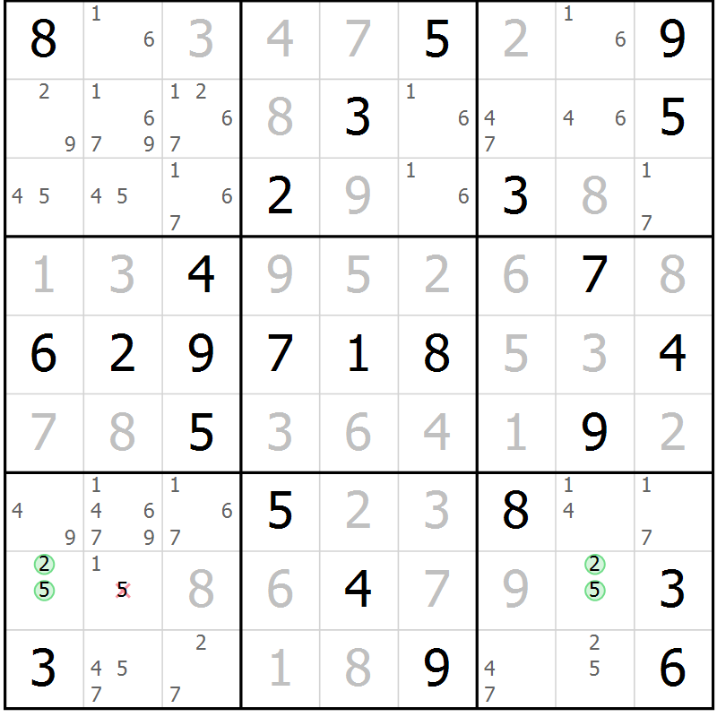Position des candidats pour la solution de la Gr 54 page 57 du magazine de sudoku Virtuose n° 106