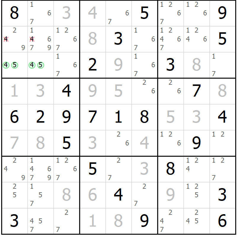Position des candidats pour la solution de la Gr 54 page 57 du magazine de sudoku Virtuose n° 106