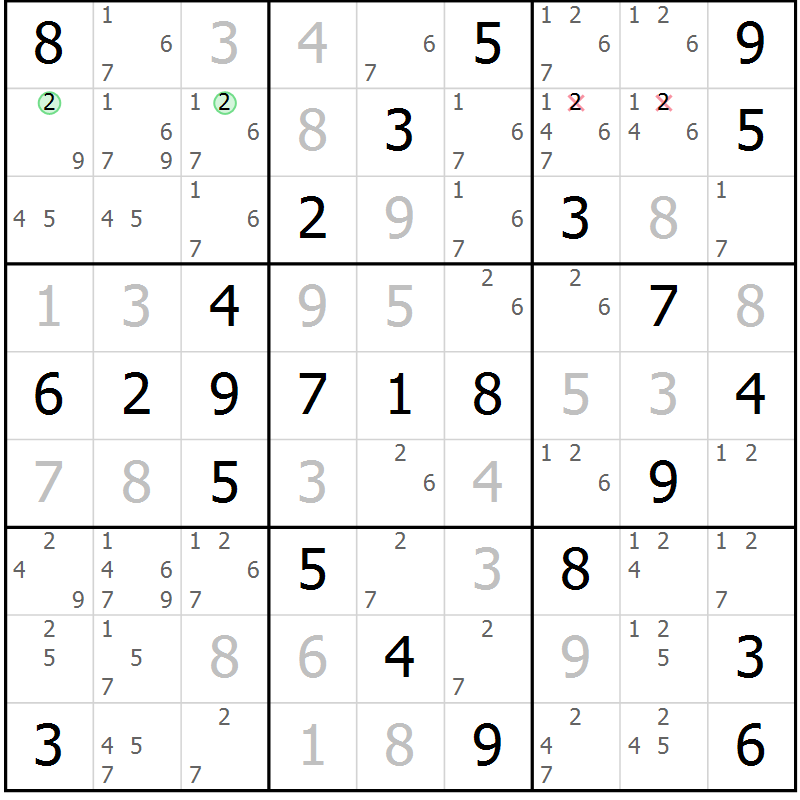 Position des candidats pour la solution de la Gr 54 page 57 du magazine de sudoku Virtuose n° 106