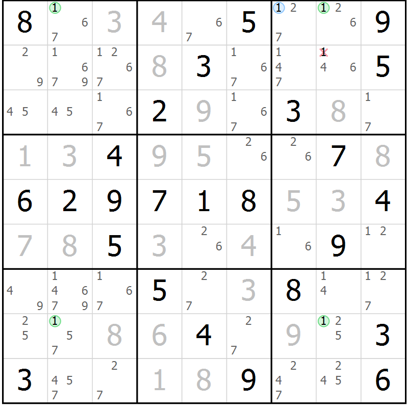 Position des candidats pour la solution de la Gr 54 page 57 du magazine de sudoku Virtuose n° 106