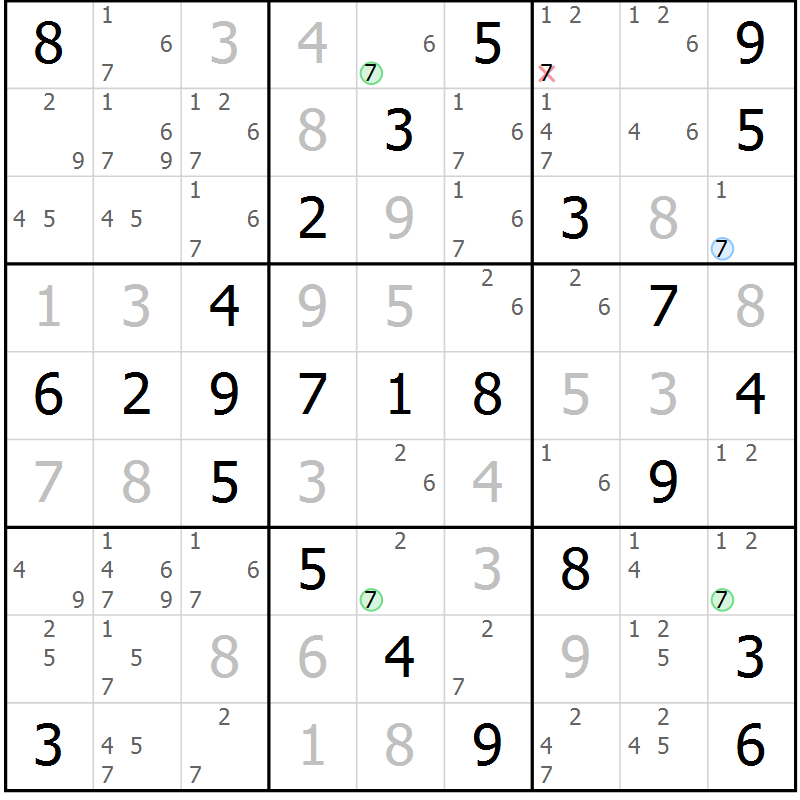 Position des candidats pour la solution de la Gr 54 page 57 du magazine de sudoku Virtuose n° 106