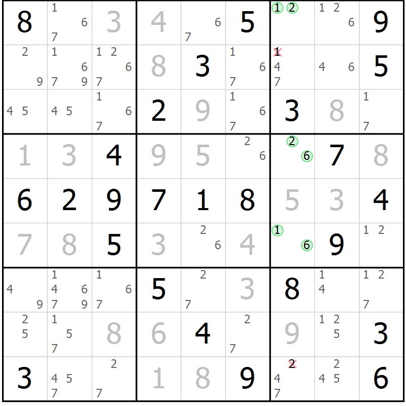 Position des candidats pour la solution de la Gr 54 page 57 du magazine de sudoku Virtuose n° 106