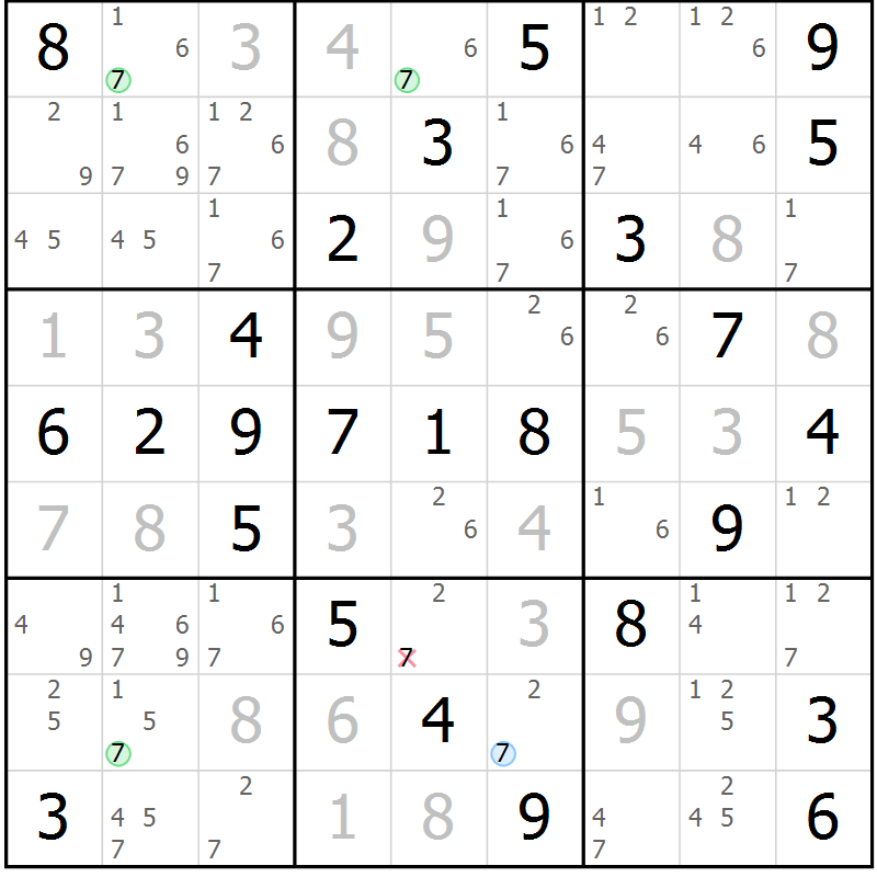 Position des candidats pour la solution de la Gr 54 page 57 du magazine de sudoku Virtuose n° 106