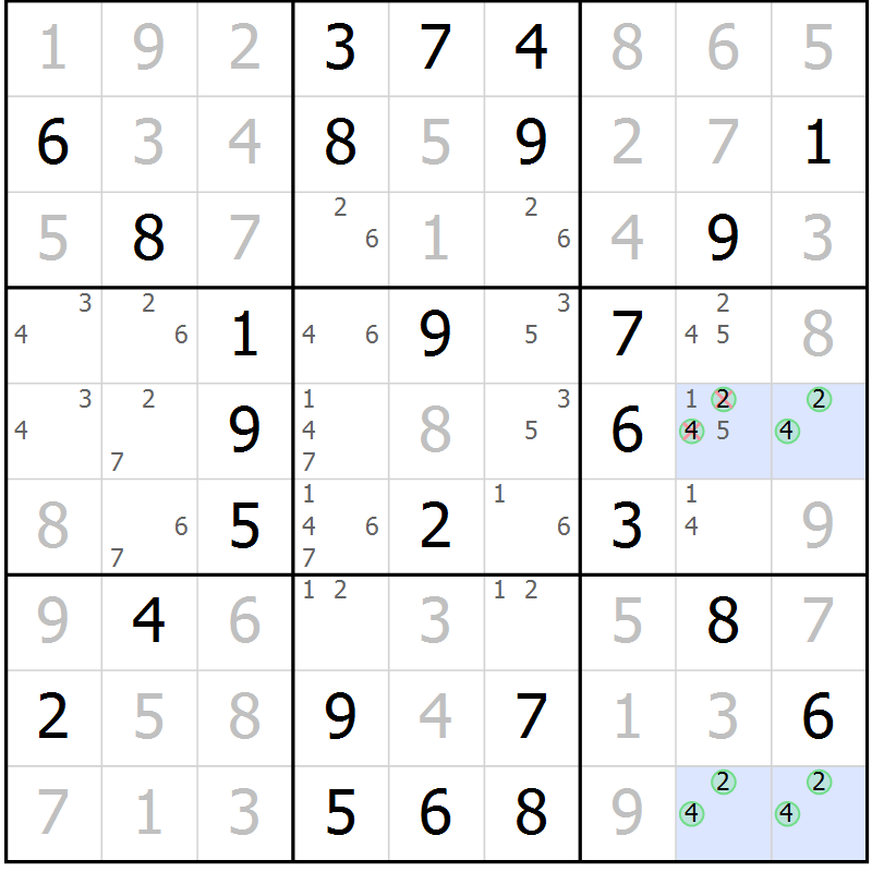 Position des candidats pour la solution de la Gr 55 page 58 du magazine de sudoku Virtuose n° 106