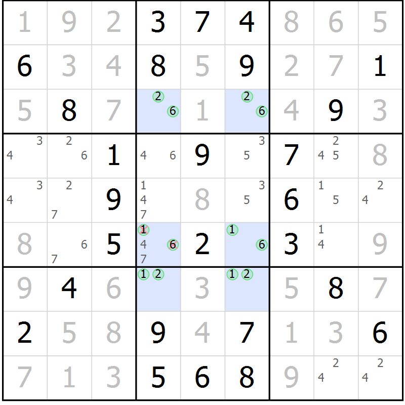 Position des candidats pour la solution de la Gr 55 page 58 du magazine de sudoku Virtuose n° 106
