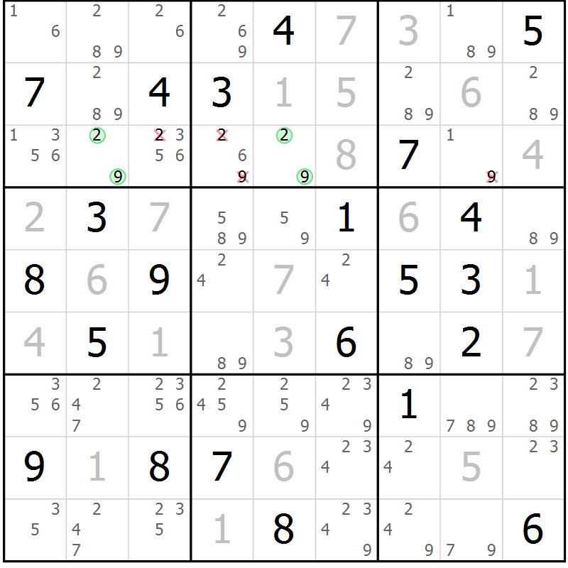 Position des candidats pour la solution de la Gr 56 page 59 du magazine de sudoku Virtuose n° 106