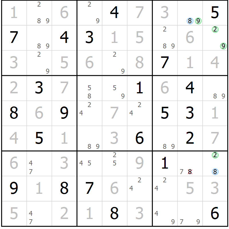 Position des candidats pour la solution de la Gr 56 page 59 du magazine de sudoku Virtuose n° 106