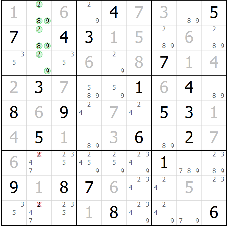 Position des candidats pour la solution de la Gr 56 page 59 du magazine de sudoku Virtuose n° 106