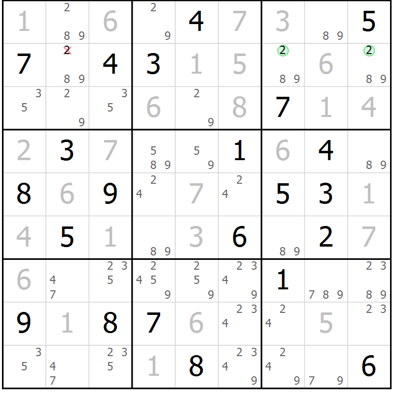 Position des candidats pour la solution de la Gr 56 page 59 du magazine de sudoku Virtuose n° 106