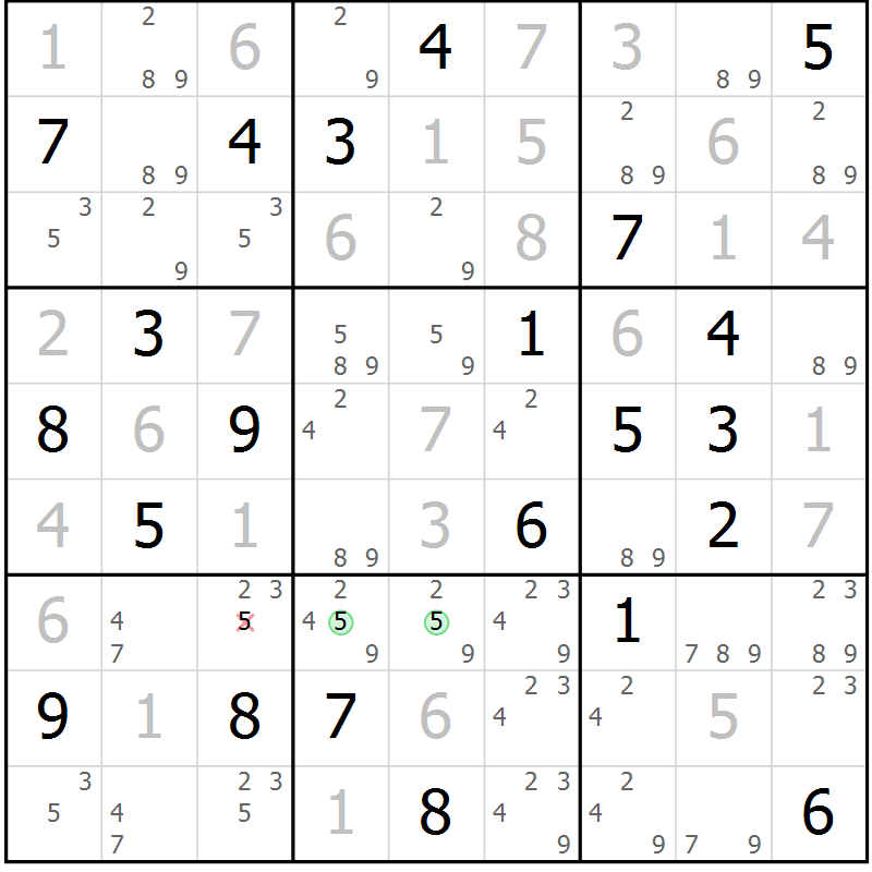Position des candidats pour la solution de la Gr 56 page 59 du magazine de sudoku Virtuose n° 106