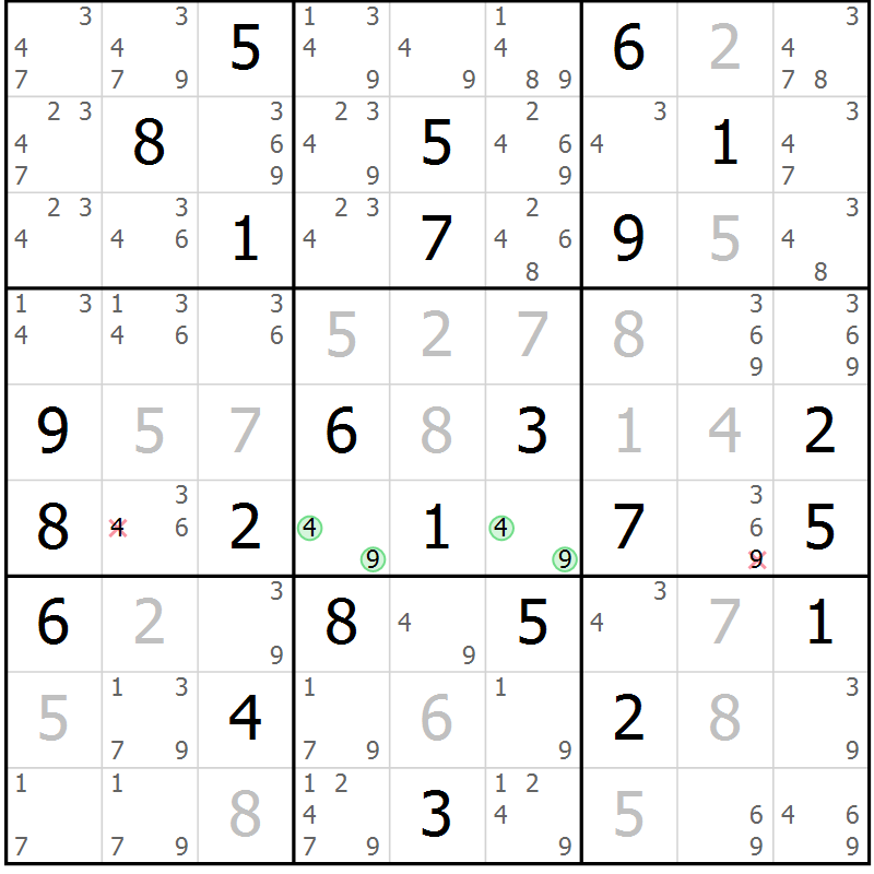 Position des candidats pour la solution de la Gr 57 page 60 du magazine de sudoku Virtuose n° 106