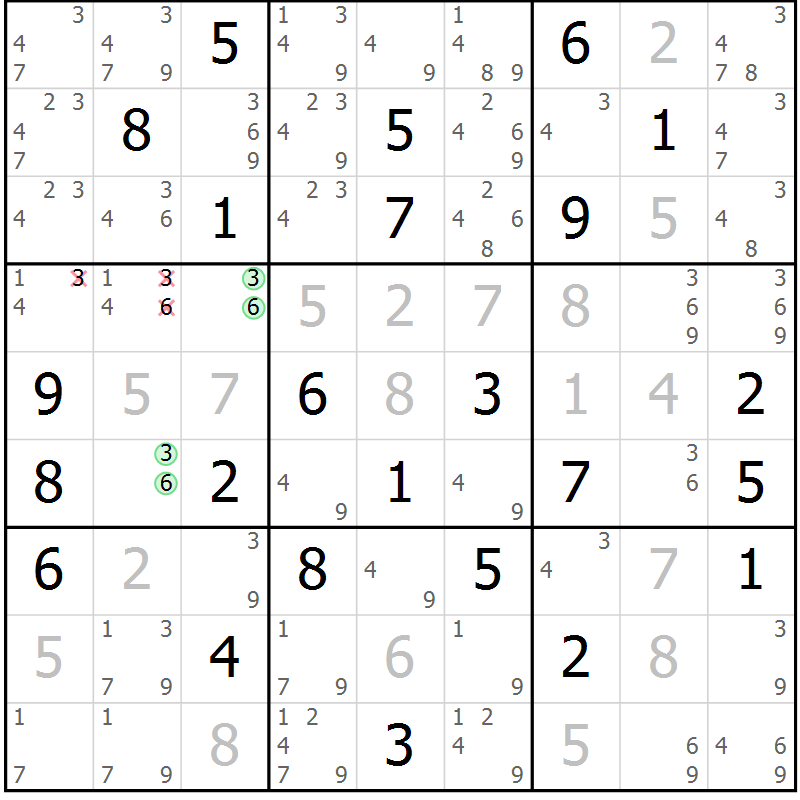 Position des candidats pour la solution de la Gr 57 page 60 du magazine de sudoku Virtuose n° 106