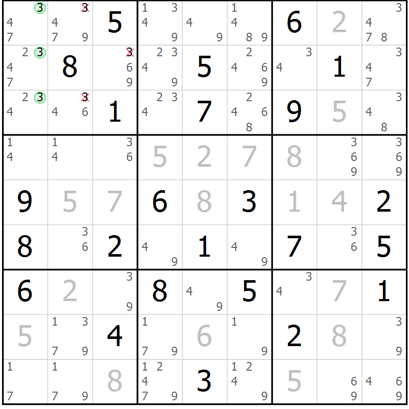 Position des candidats pour la solution de la Gr 57 page 60 du magazine de sudoku Virtuose n° 106