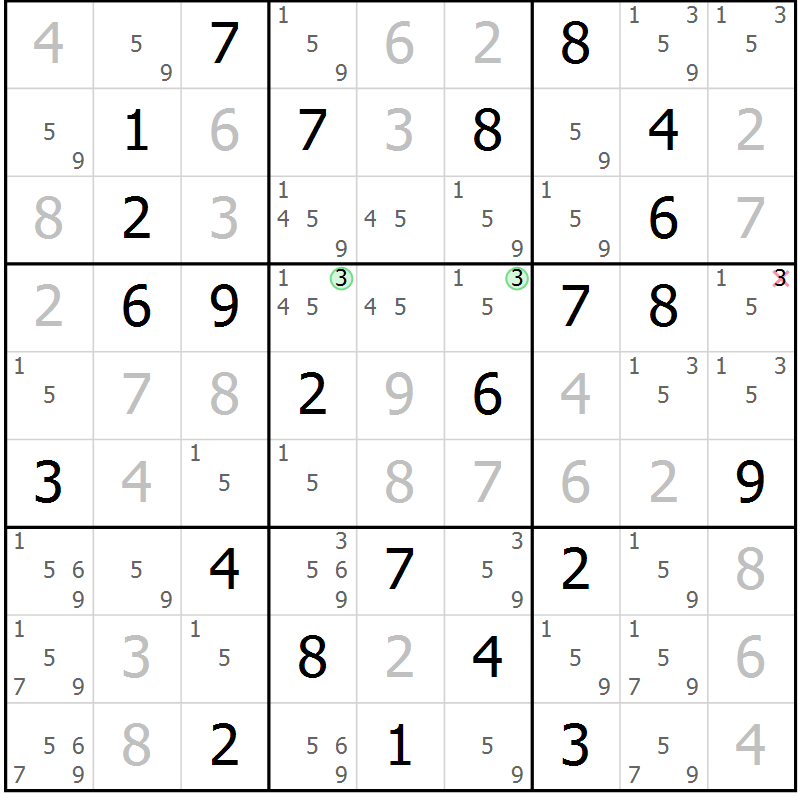 Position des candidats pour la solution de la Gr 58 page 61 du magazine de sudoku Virtuose n° 106