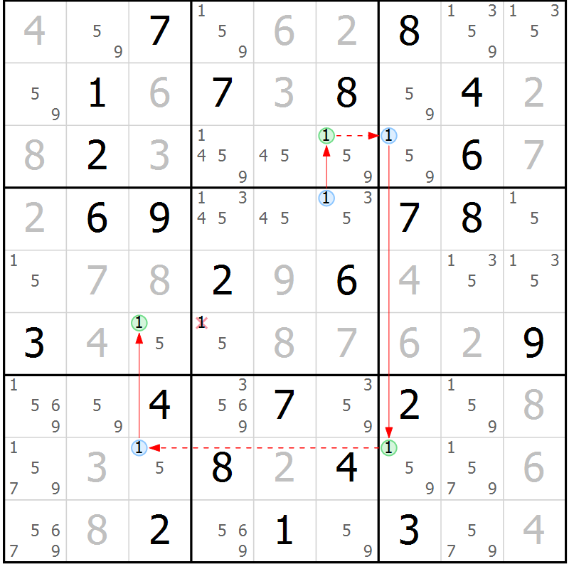 Position des candidats pour la solution de la Gr 58 page 61 du magazine de sudoku Virtuose n° 106