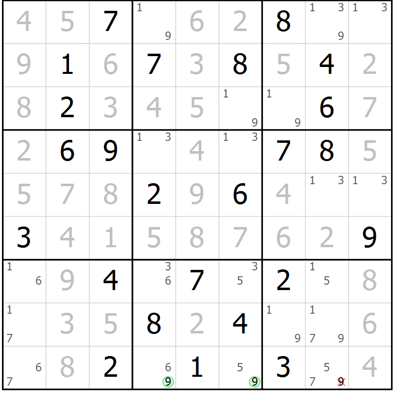 Position des candidats pour la solution de la Gr 58 page 61 du magazine de sudoku Virtuose n° 106