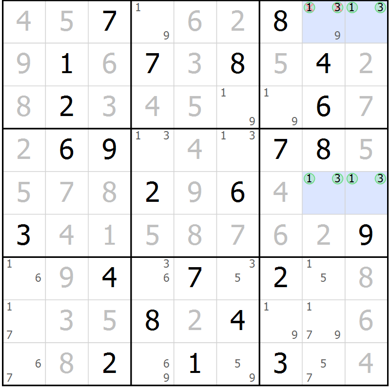 Position des candidats pour la solution de la Gr 58 page 61 du magazine de sudoku Virtuose n° 106