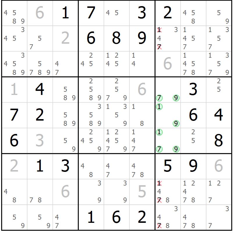 Position des candidats pour la solution de la Gr 6 page 9 du magazine de sudoku Virtuose n° 106