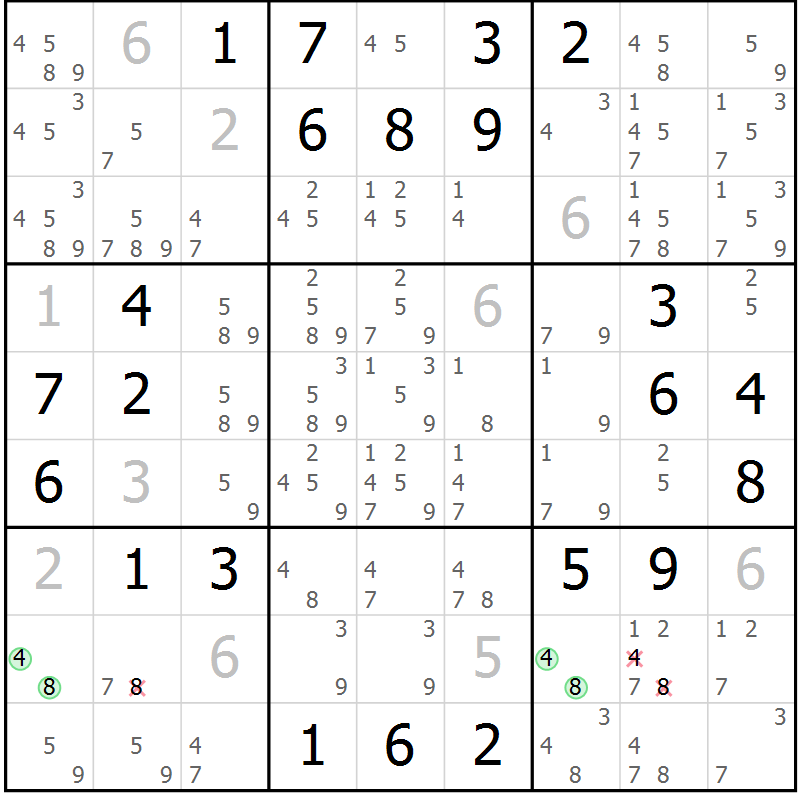 Position des candidats pour la solution de la Gr 6 page 9 du magazine de sudoku Virtuose n° 106