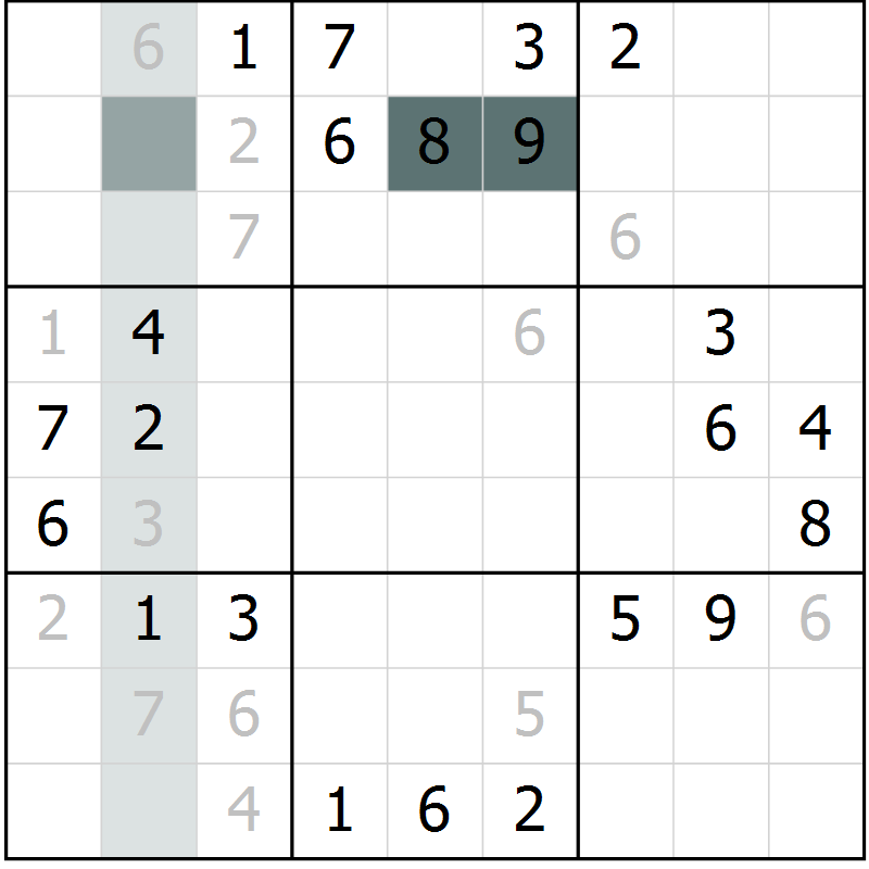 Position des candidats pour la solution de la Gr 6 page 9 du magazine de sudoku Virtuose n° 106