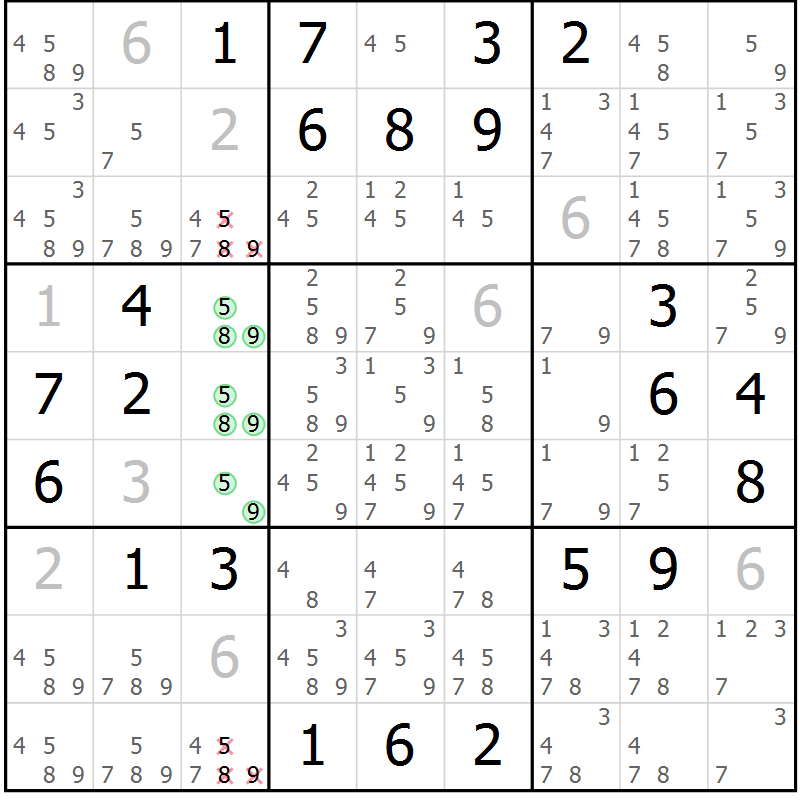 Position des candidats pour la solution de la Gr 6 page 9 du magazine de sudoku Virtuose n° 106
